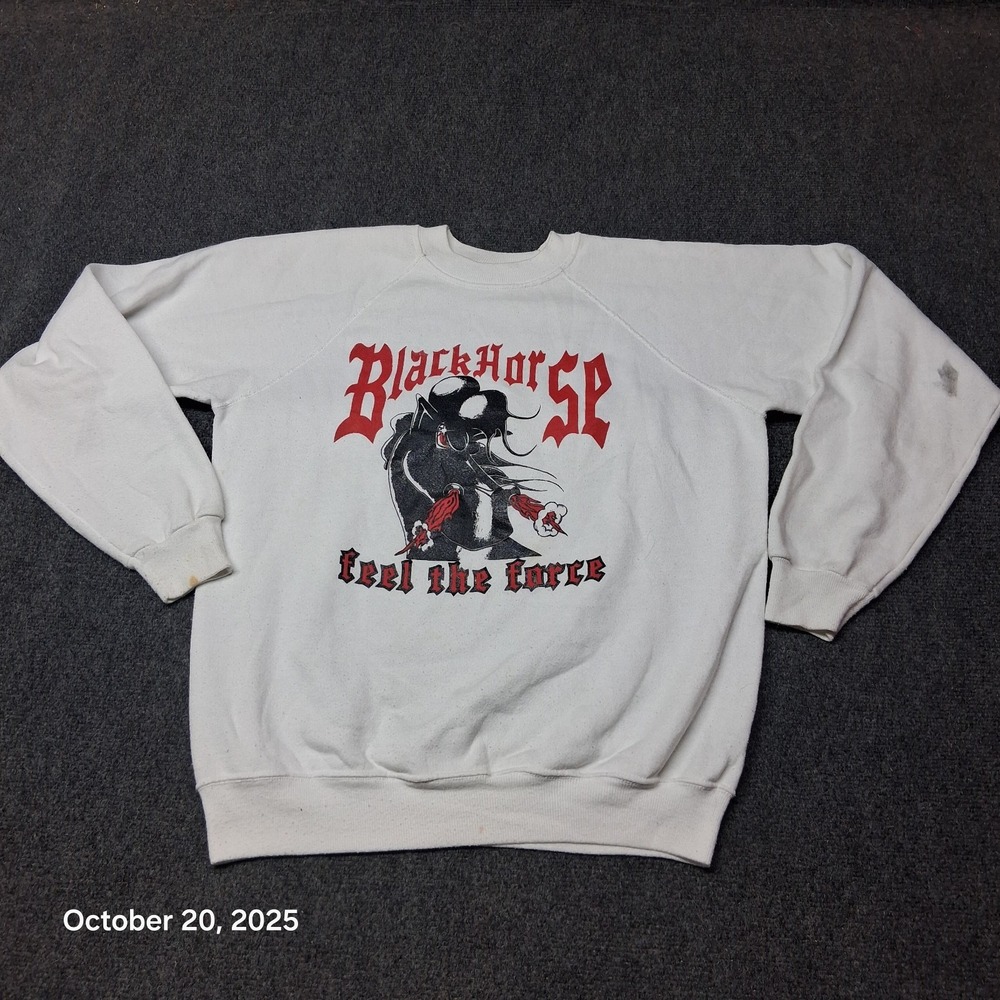 ** Vintage Black Horse Feel The Force White Distressed Sweatshirt‎ Size Large